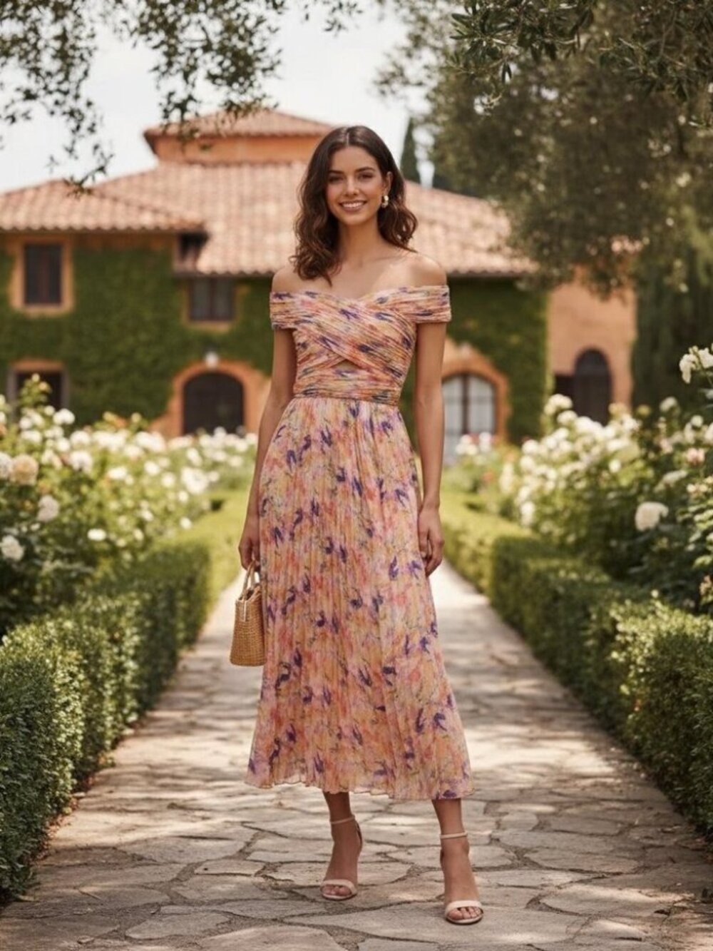 ASTR Leonara Off Shoulder Maxi Dress Peach Multi One Size NWT
